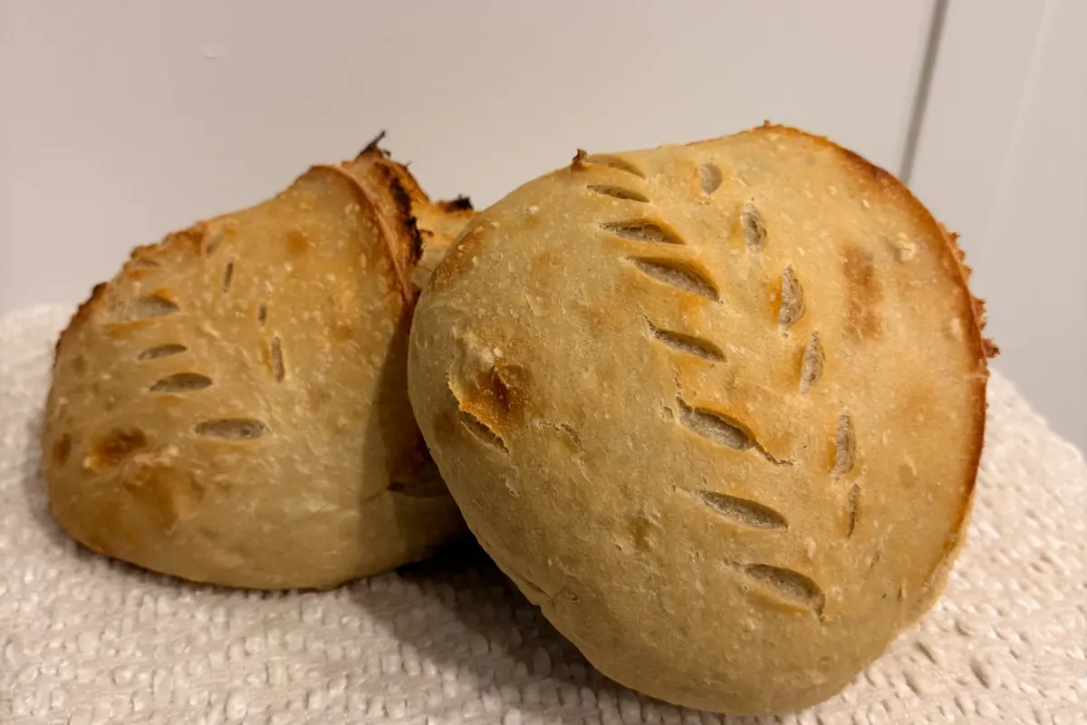 Two freshly baked classic sourdough loaves